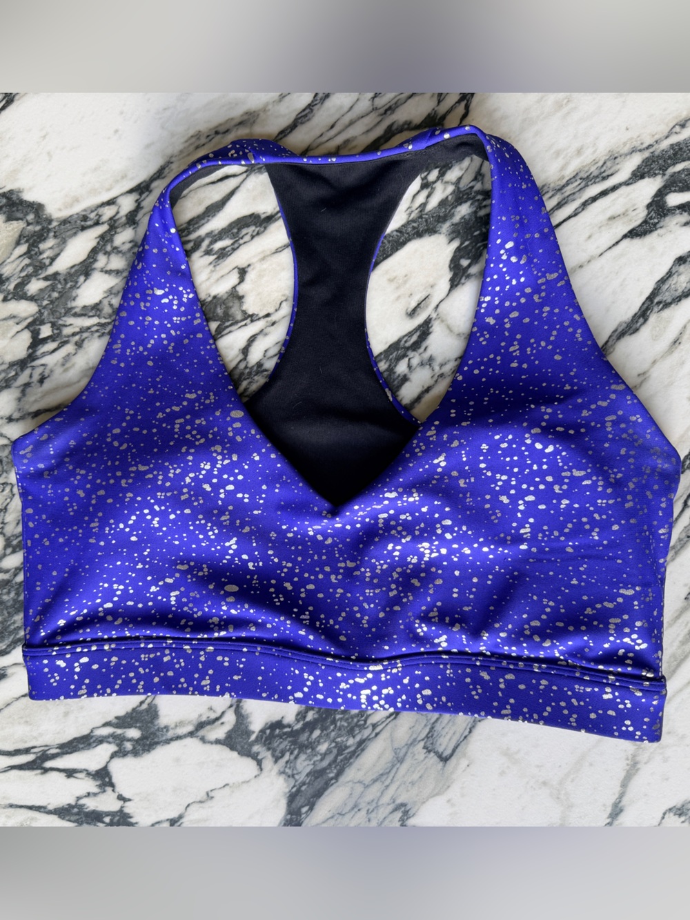 Exotica ExoticAthletica Iris Blue Foil Sparkle Performance Deep V Crop Top